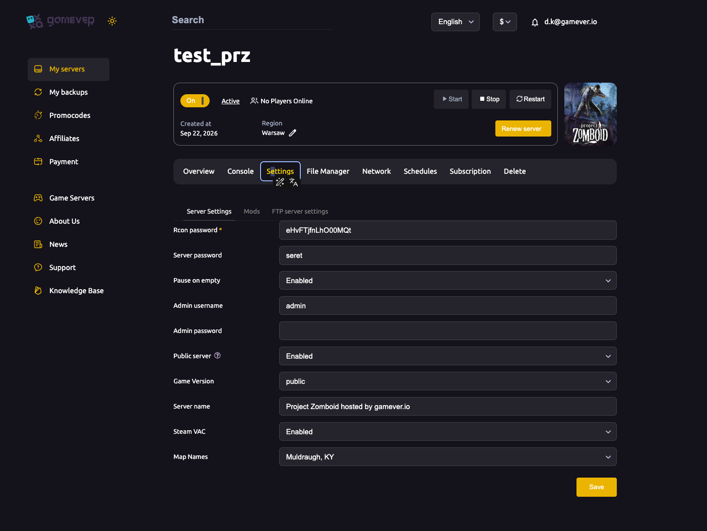 The Project Zomboid Server Settings sub-tab with the Rcon password field