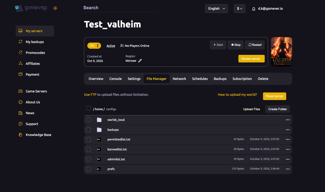 The Valheim File Manager in the gamever panel