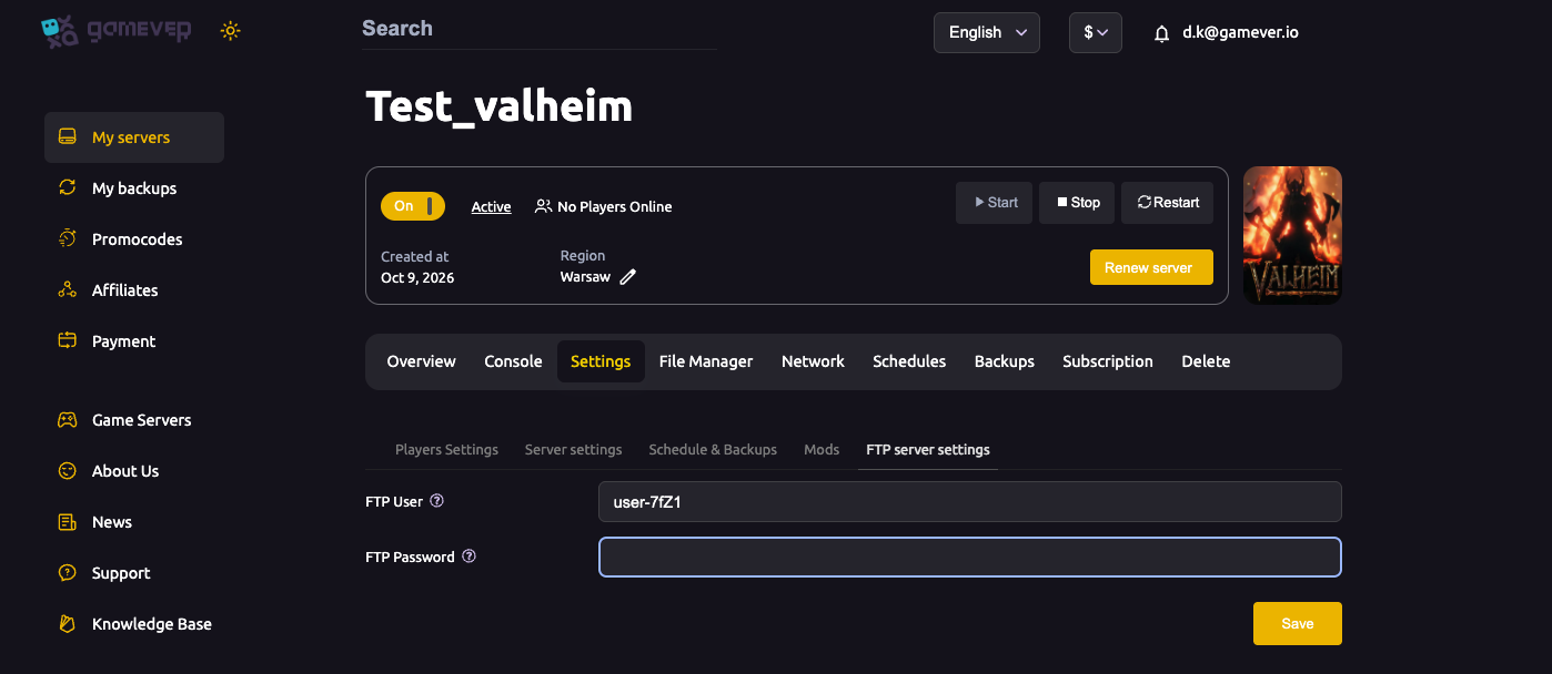 The FTP settings in the gamever panel