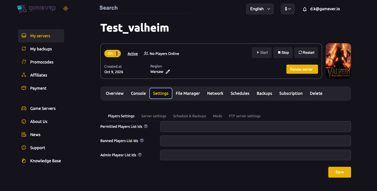 The Players Settings sub-tab with the admin, permitted and banned ID fields
