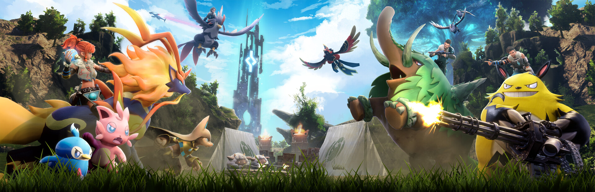 Palworld pals and a player exploring the open world